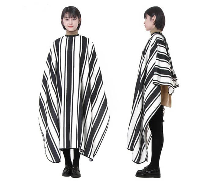 black and white striped hairdressing cape 01